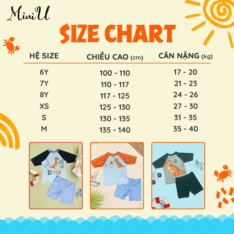 Bộ bơi bé trai Lovekids tay lỡ cho bé 17-40kg hình khủng long, chất bền đẹp, co giãn tốt, chống nắng cho bé