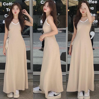 Đầm maxi nude thun gân dây cổ yếm viền trắng freesize Pumi 14834