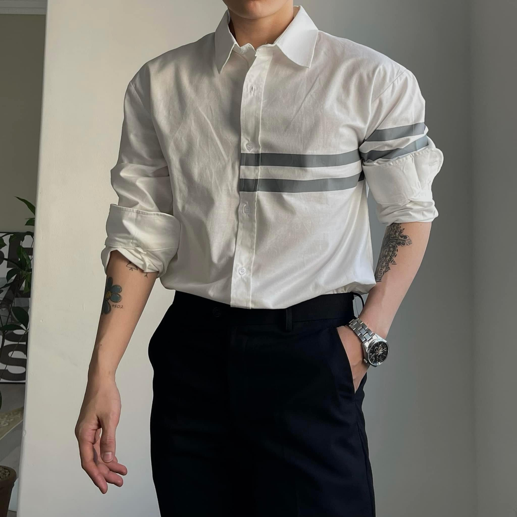 Áo Sơ Mi Tay Dài Họa Tiết Kẻ Ngang Từ Cánh Tay Sang Ngực
