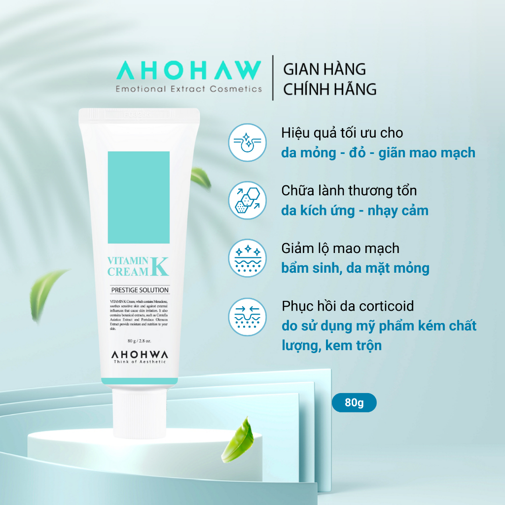 Kem Dưỡng Phục Hồi Ahohwa Vitamin K Cream 80g - Phục Hồi Da Mỏng Đỏ, Giãn Mao Mạch, Làm Dịu Da, Mờ Sẹo