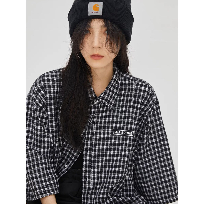 Áo sơ mi caro trắng đen form rộng unisex