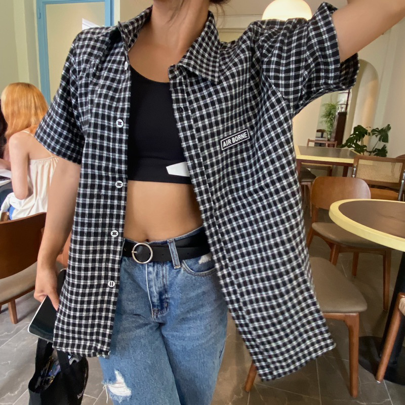 Áo sơ mi caro trắng đen form rộng unisex