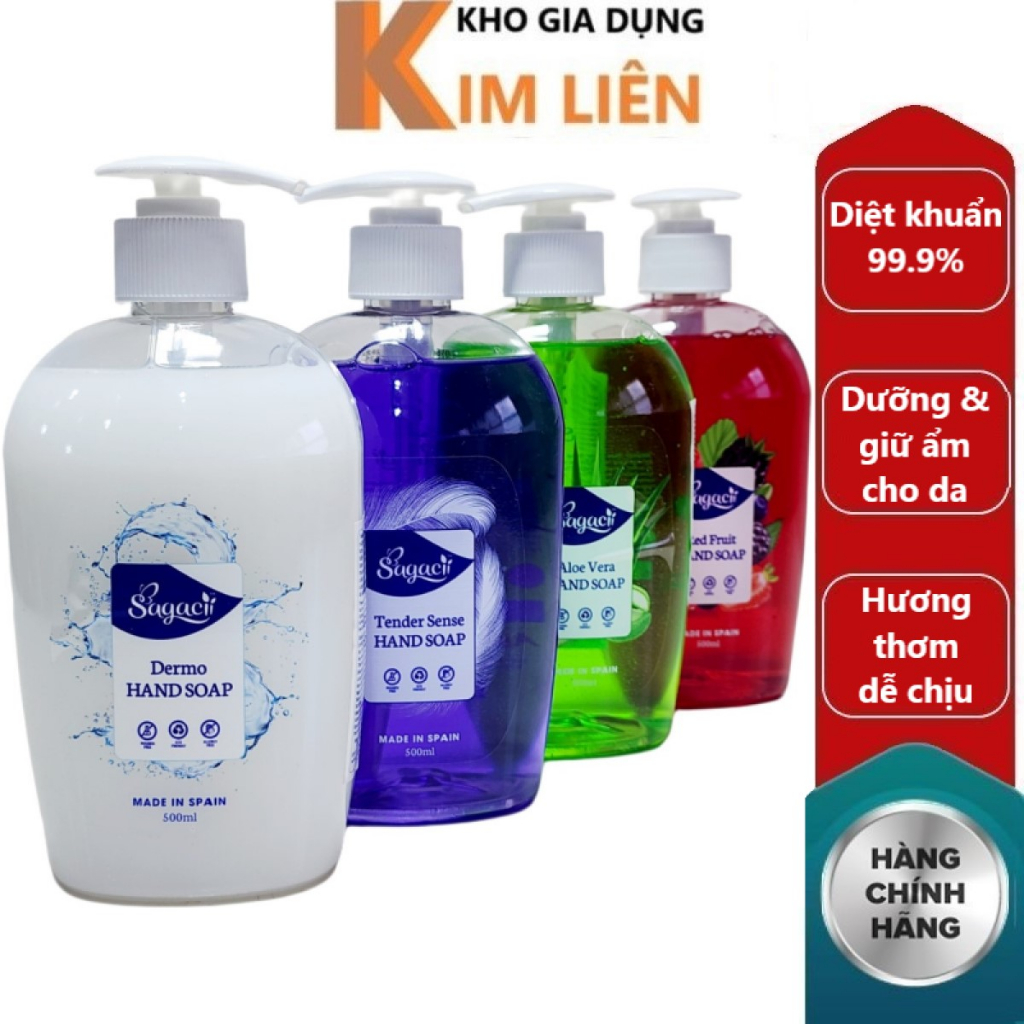 Nước sữa rửa tay SAGACII Tây Ban Nha 500ml - Hương sữa, dâu, nha đam, lavender - Diệt khuẩn, dưỡng ẩm da, thơm dễ chịu