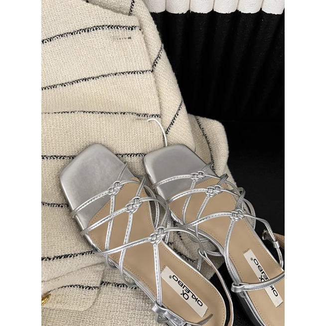 Giày sandal nữ mùa hè quai mảnh đan gót bệt dễ mang quai hậu hở mũi 2023