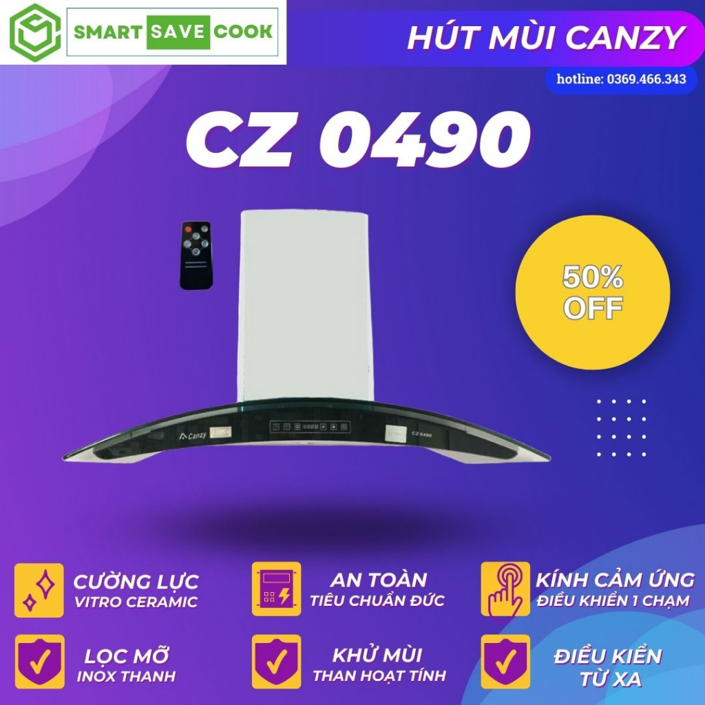 Máy hút mùi Canzy CZ 0490 máy hút khói kính cong cao cấp thiết kế hiện đại khử mùi hiệu quả công nghệ Đức BH 3 năm
