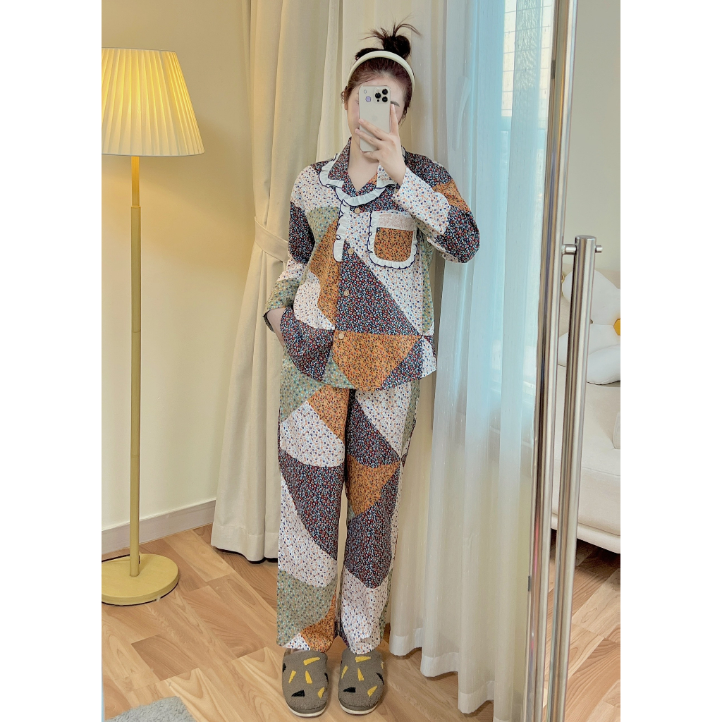 Bộ Pijama Nữ thu đông cotton sợi thêu xuất Hàn