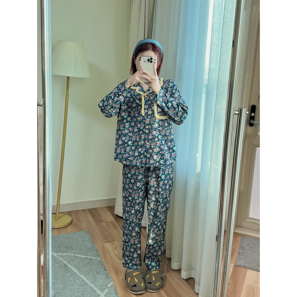 Bộ Pijama Nữ thu đông cotton sợi thêu xuất Hàn