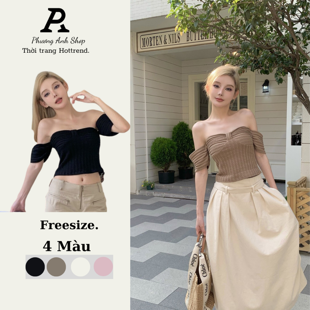 Áo Lửng Ngắn Tay Một Mảnh Hở Vai Dáng Ôm Đính Nơ Gợi Cảm.