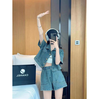 Set bộ nữ áo khoác jean kèm áo croptop 2 dây phối quần short Freesize Rinstore - SR200