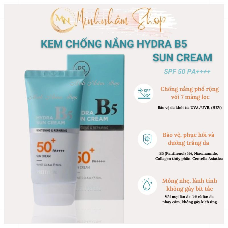 Kem Chống Nắng Phổ Rộng Hydra B5 Sun Cream PRETTYSKIN SPF50+ PA++++ 70ml, Phục Hồi, Dưỡng Trắng, lên tone