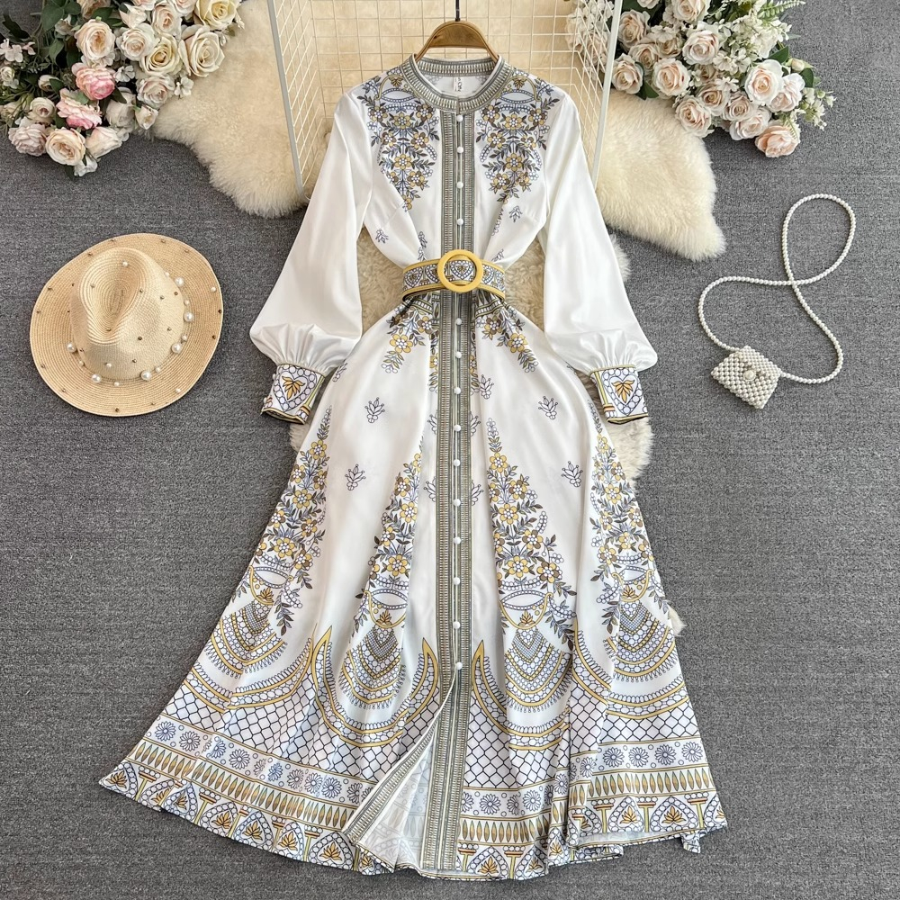 Đầm tay dài cổ chân họa tiết retro kèm thắt lưng
