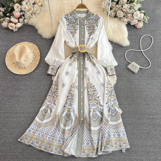 #2912 [Order] Đầm tay dài cổ chân họa tiết retro kèm thắt lưng
