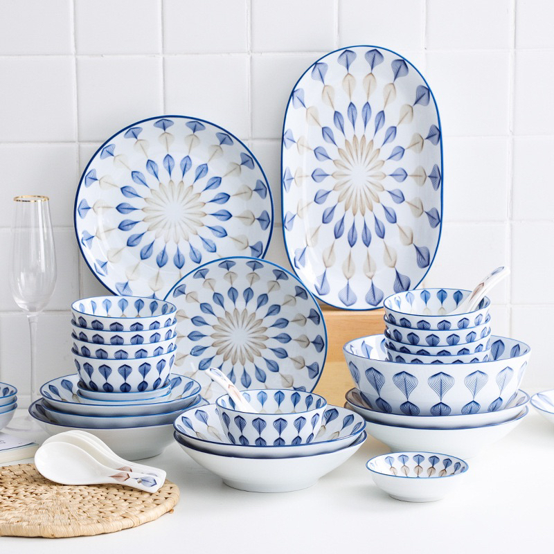Bộ bát đĩa Bát Tràng giọt sương 12 chi tiết - hoa văn hoạ tiếc decor cực đẹp, sắc nét