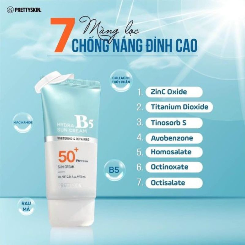 Kem Chống Nắng Phổ Rộng Hydra B5 Sun Cream PRETTYSKIN SPF50+ PA++++ 70ml, Phục Hồi, Dưỡng Trắng, lên tone