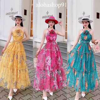 Maxxi bông cổ thời trang nữ chất voan hoa chingfon mặc đi biển, dạ hội, ngoại cảnh