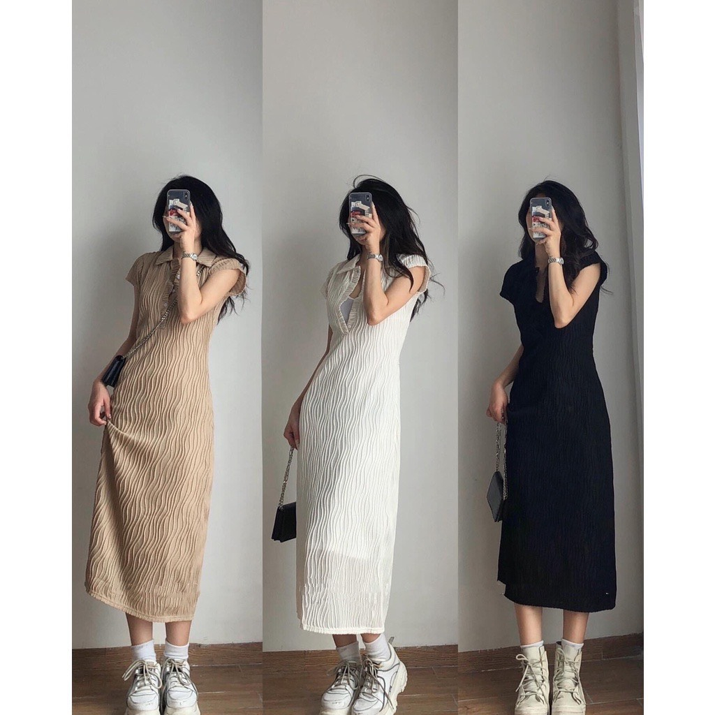 Váy Polo dáng dài họa tiết sóng nhăn phong cách năng động trẻ trung