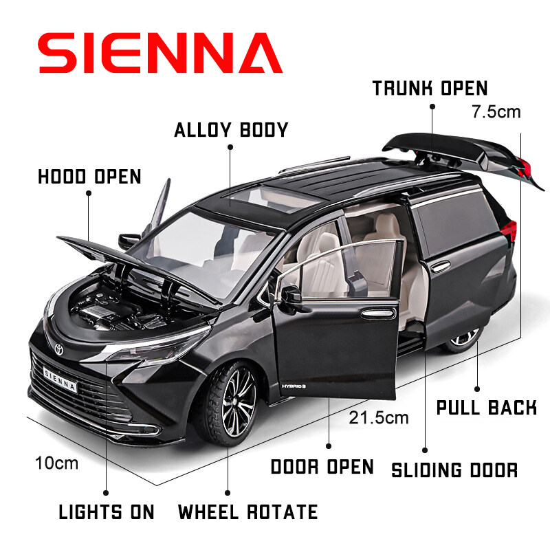Xe mô hình Toyota Sienna 2022 tỉ lệ 1/24 vỏ kim loại, xe hơi trưng bày mở được cửa, có còi, âm thanh, đèn