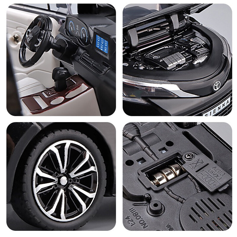Xe mô hình Toyota Sienna 2022 tỉ lệ 1/24 vỏ kim loại, xe hơi trưng bày mở được cửa, có còi, âm thanh, đèn