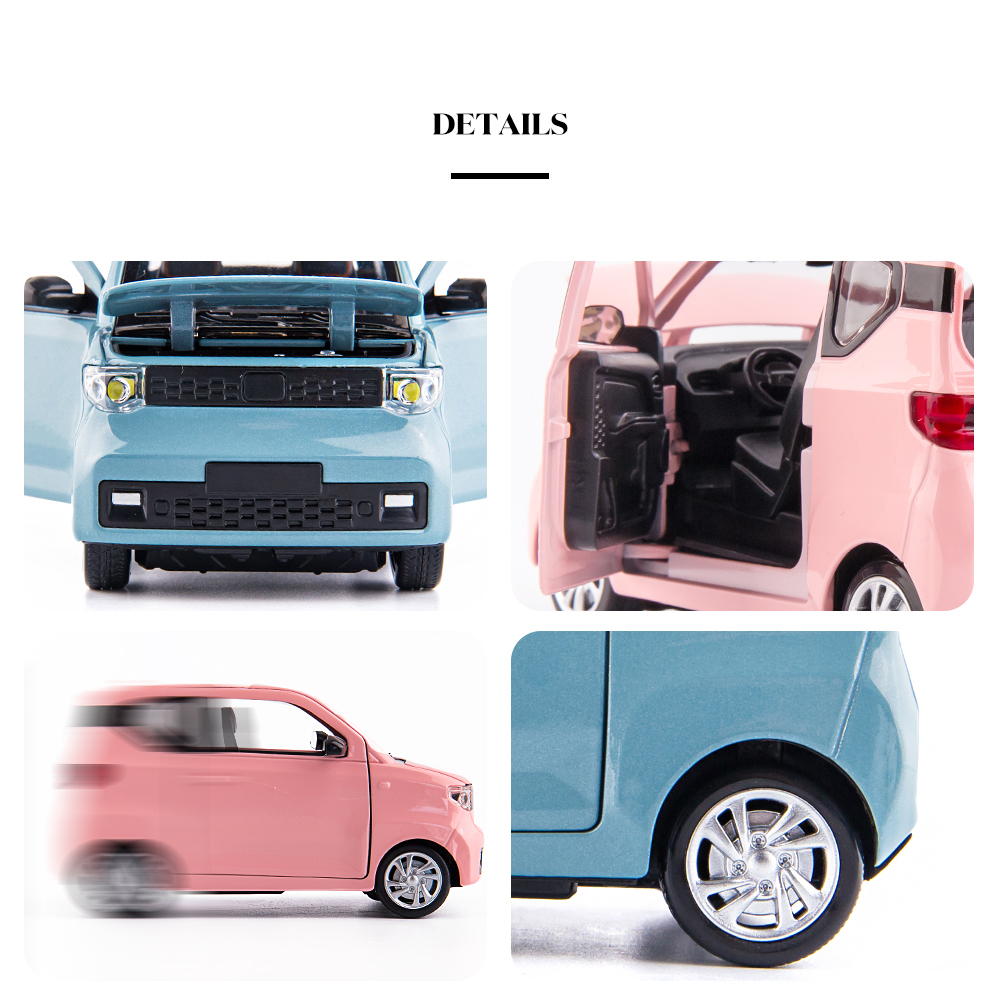 Xe mô hình điện Wuling HongGuang Mini EV tỉ lệ 1:24 vỏ hợp kim, có đèn, mở cửa đồ chơi xe ô tô, sưu tầm