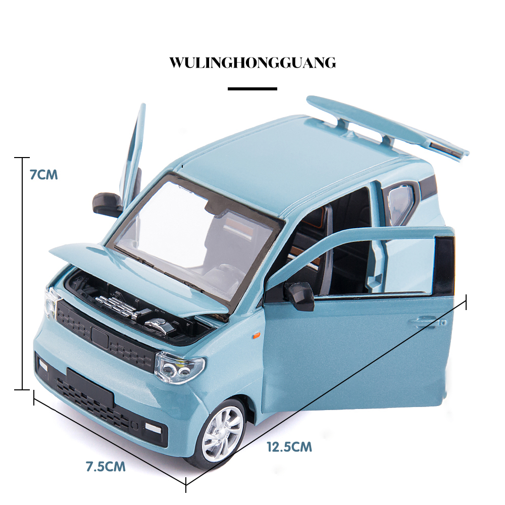 Xe mô hình điện Wuling HongGuang Mini EV tỉ lệ 1:24 vỏ hợp kim, có đèn, mở cửa đồ chơi xe ô tô, sưu tầm