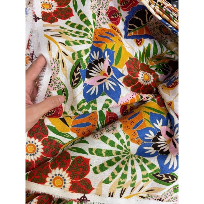 Vải Linen Tưng premium hoa mùa thu tông nâu cam
