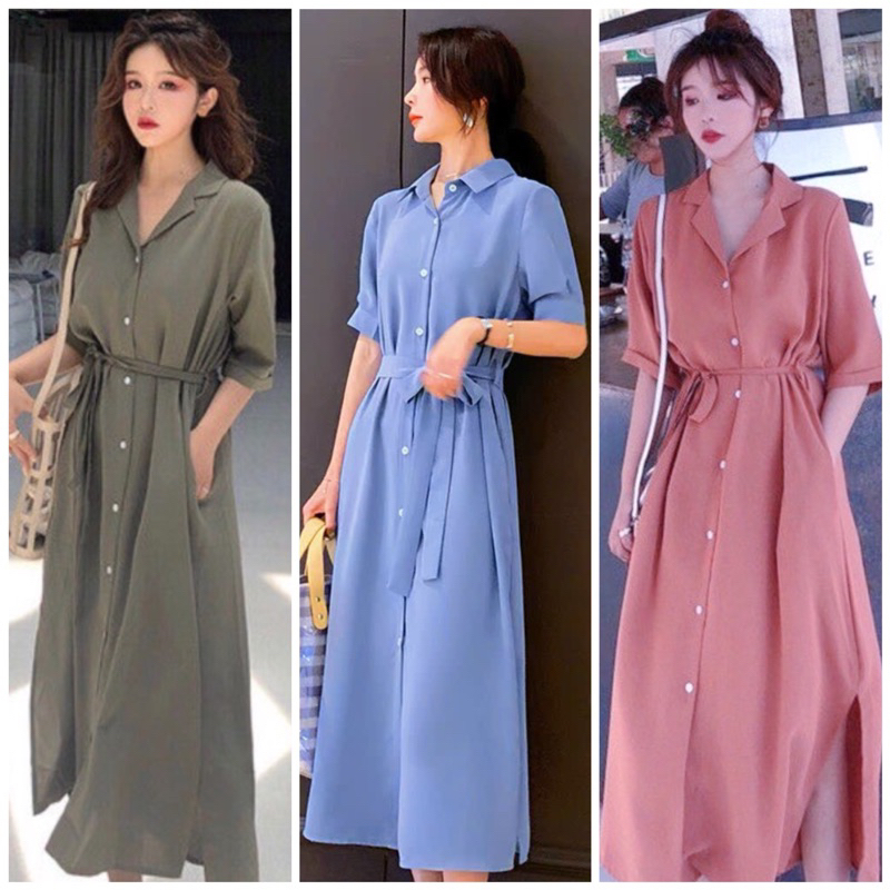 Đầm váy sơ mi rêu form dài nút trắng (kèm hình thật)