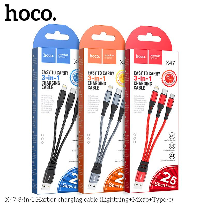 Dây Sạc 3 Đầu Hoco X47 Dài 25cm Công Suất 2.4A Dành Cho Mọi Dòng Điện Thoại