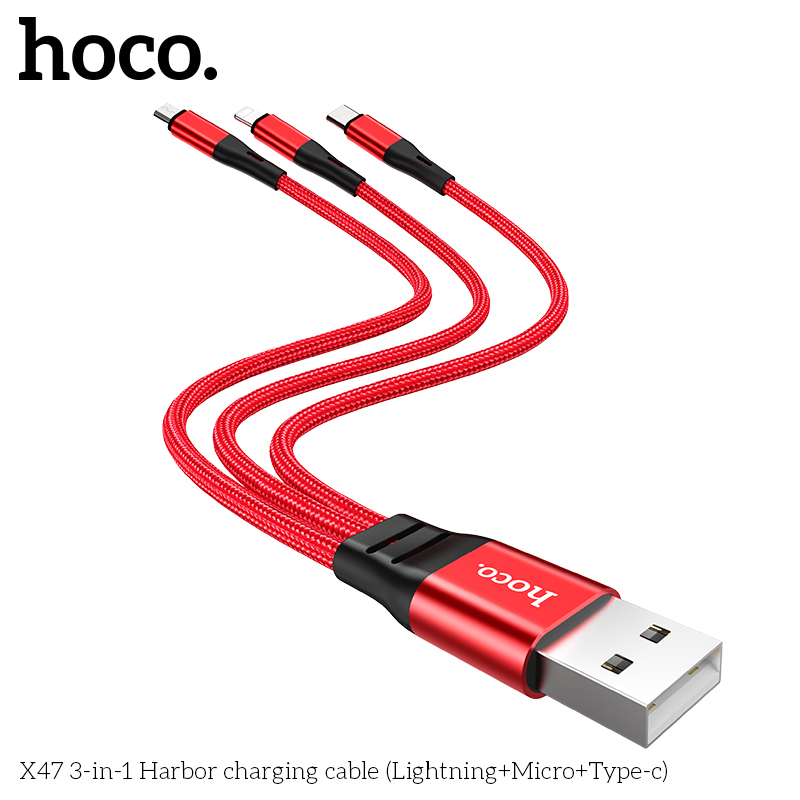 Dây Sạc 3 Đầu Hoco X47 Dài 25cm Công Suất 2.4A Dành Cho Mọi Dòng Điện Thoại