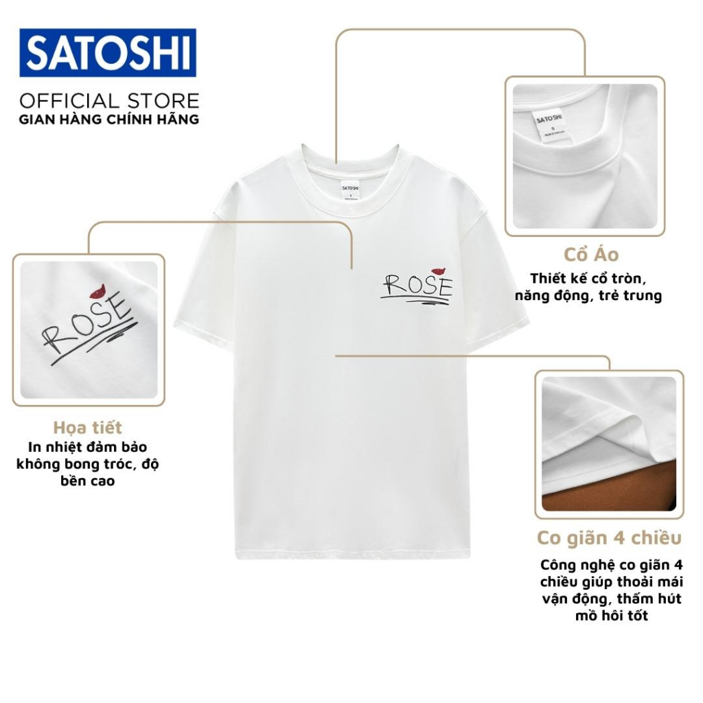 Áo thun Satoshi nam tính SATS102 cổ tròn in hoạ tiết hoa hồng vải cotton thoáng mát