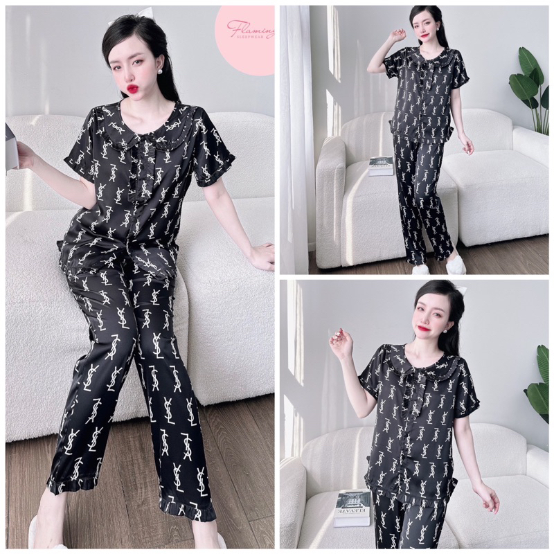 SP_125 Đồ bộ pijama BOLOBALA mặc nhà quần dài váy áo tay ngắn cổ sen chất lụa latin xịn , mặc tôn da