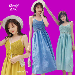 (sẵn-ảnh thật) Đầm du lịch-đi biển, Đầm midi hai dâu dáng chữ A, chất cotton phối len thêu #L234