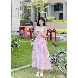 Dtk092- Đầm caro dài phối thun