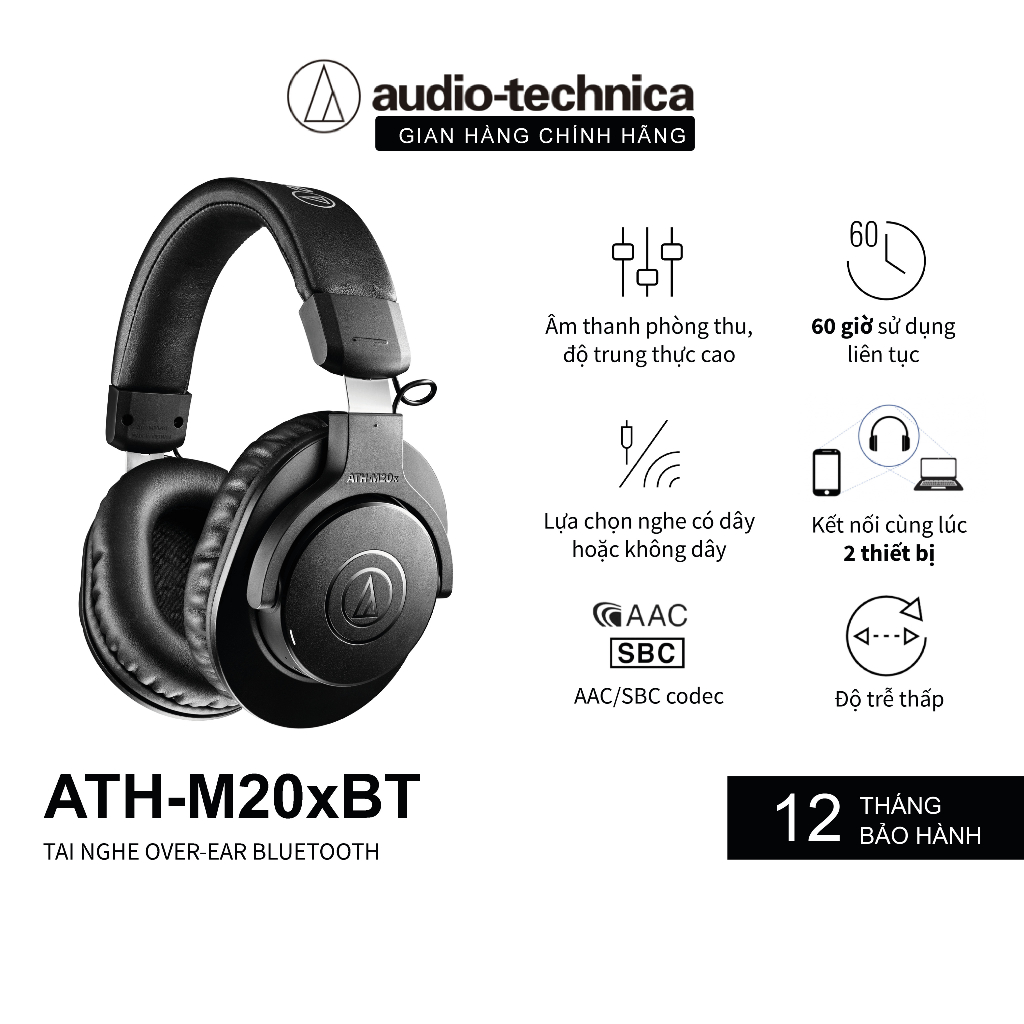 Tai Nghe Over-ear Bluetooth Audio-technica ATH-M20xBT |60H Sử Dụng |Bluetooth 5.0 |Kết nối 2 thiết bị |Hàng Chính Hãng