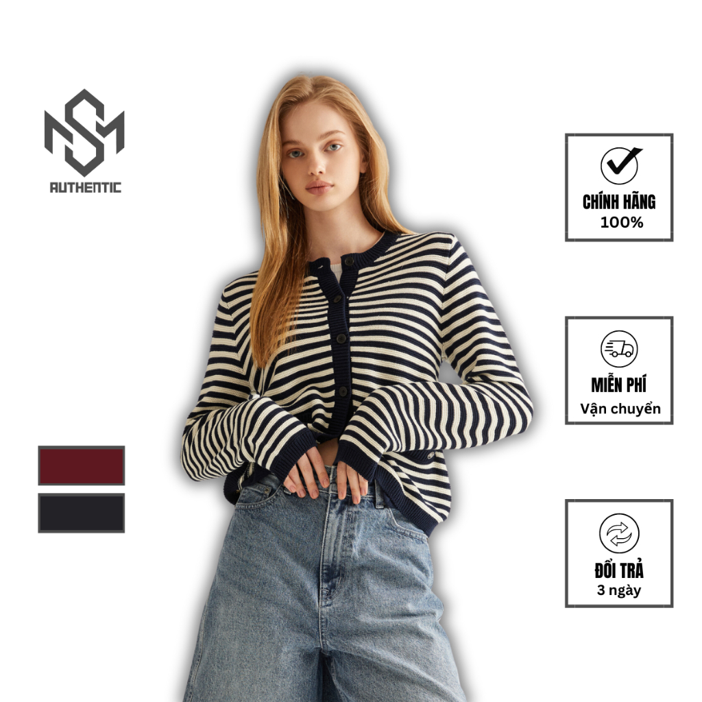 Áo cardigan sọc Whoau chính hãng tay dài - khoác cardigan nữ mỏng dáng ngắn dễ phối đồ | WHCKD2492F