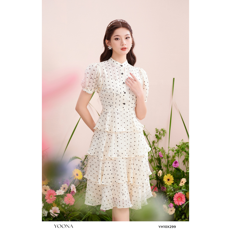 Đầm tầng nữ tay phồng cổ tàu họa tiết chấm bi YOONA - YH10X299