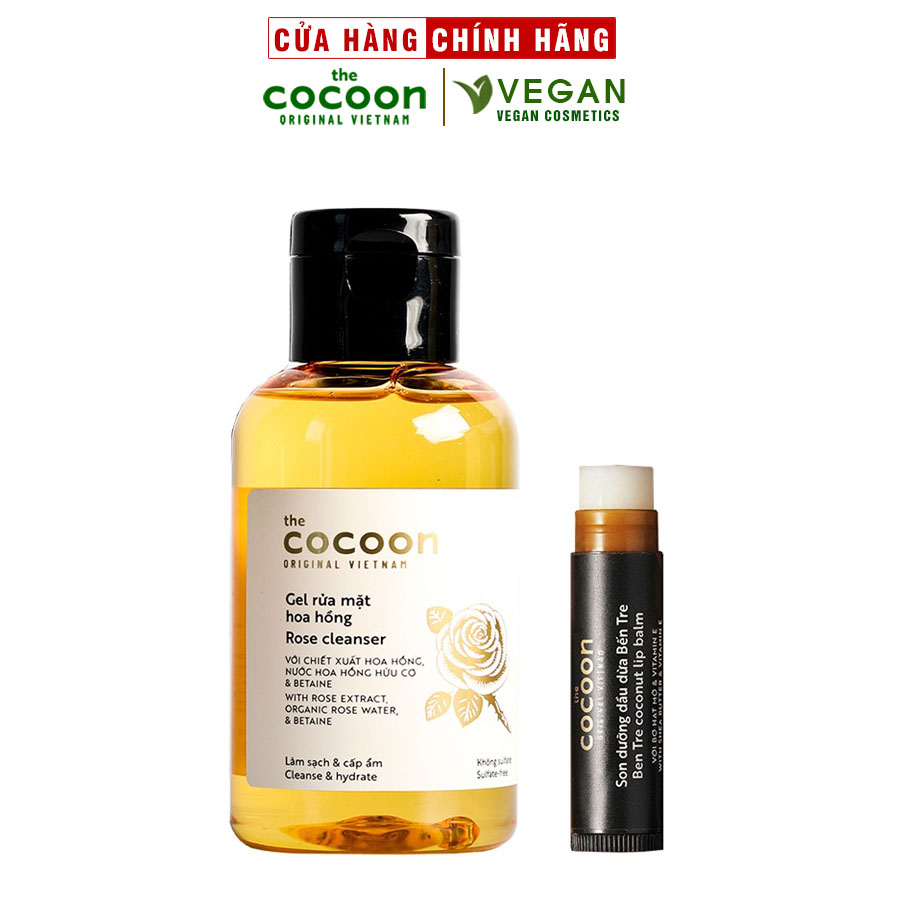 Combo gel rửa mặt hoa hồng cocoon 140ml + Son dưỡng môi dầu dừa bến tre cocoon 5g