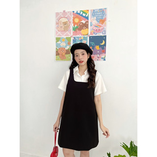 Dtk084- đầm đen cổ vuông kèm áo sơmi