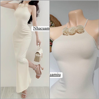Đầm body cổ yếm dáng dài đính ba hoa kiểu mới