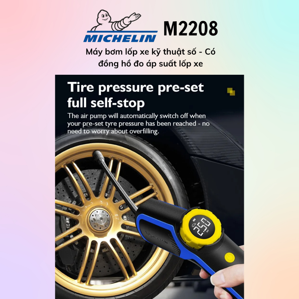 Máy bơm lốp xe kỹ thuật số có đồng hồ đo áp suất, đèn COB M2208 Michelin - 100% chính hãng