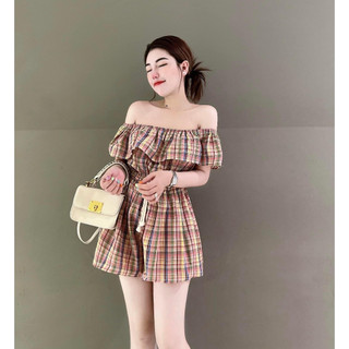 Jumpsuit caro trễ vai bèo Freesize Hari Fashion - SR175