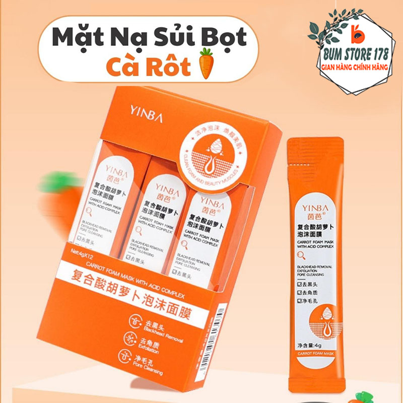 Hộp 12 gói mặt nạ sủi bọt cà rốt GINBI detox da sáng da giảm dầu mụn, Mask cà rốt sủi bọt cấp ẩm se khít lỗ chân lông