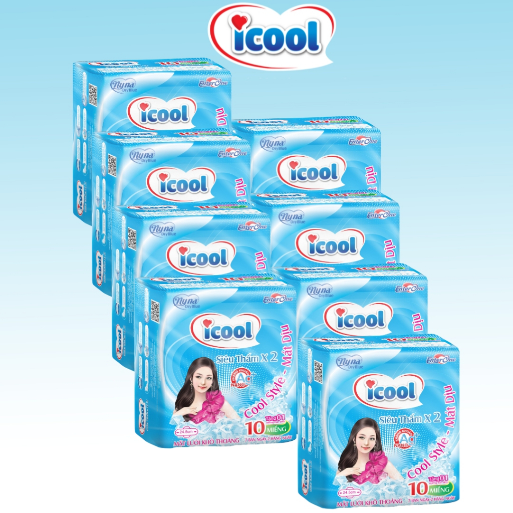 Băng vệ sinh ICOOL siêu thấm Xanh gói 10 miếng  BVS ban ngày có cánh 𝐌Ặ𝐓 𝐋ƯỚ𝐈 siêu thấm bạc hà mát dịu trà xanh khử mùi