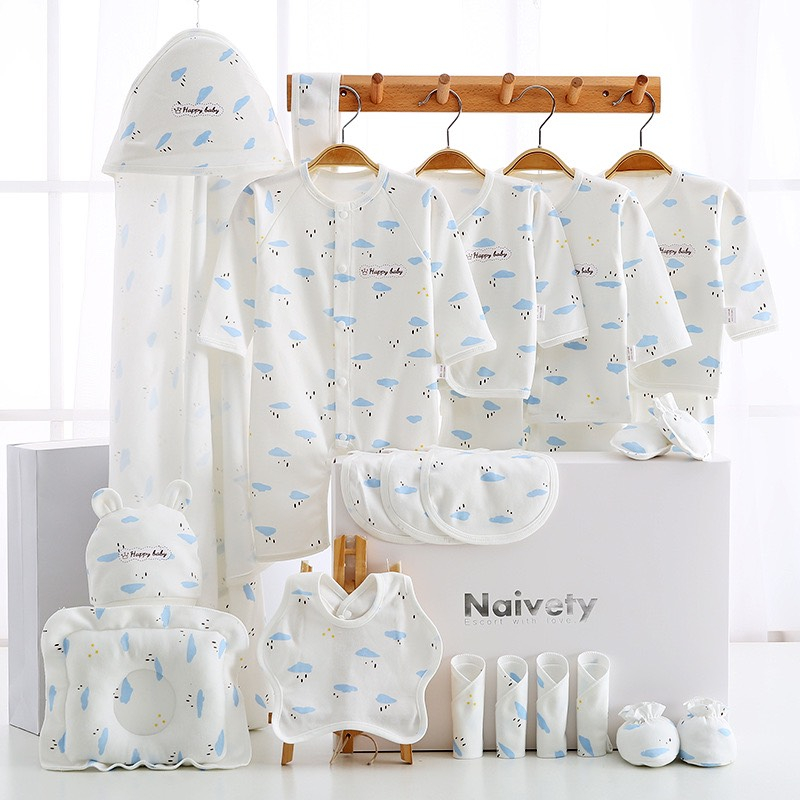 Set quà tặng sơ sinh 23 chi tiết họa tiết mây có túi xách hộp đựng quà sang chảnh
