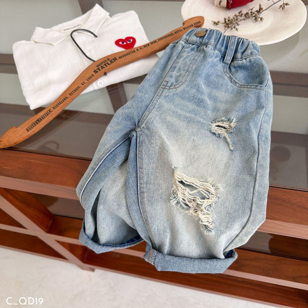 Quần bò rách xanh nhạt EMBES KIDS , quần dài trẻ em 11kg đến 31kg