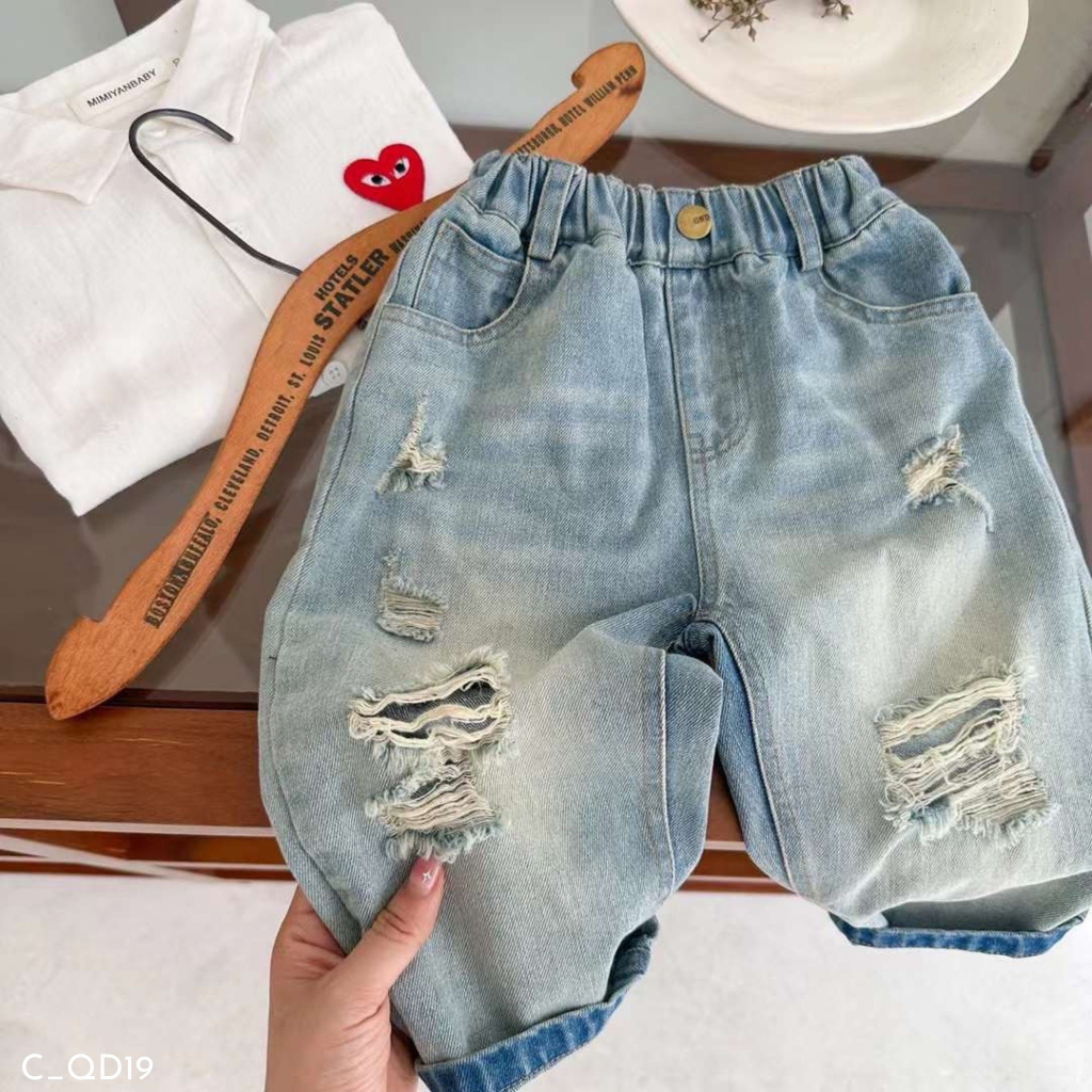 Quần bò rách xanh nhạt EMBES KIDS , quần dài trẻ em 11kg đến 31kg