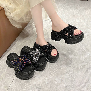 Dép đế bánh mì quai chéo đính sequins