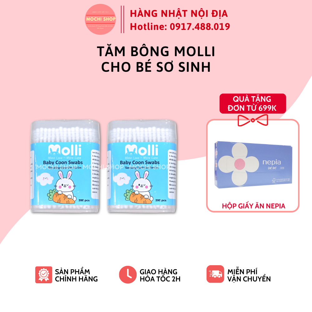 Tăm bông trẻ em Molli kháng khuẩn cho bé sơ sinh ngoáy tai, mũi hộp 200c