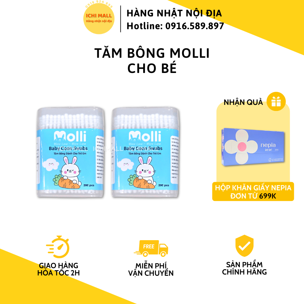 Tăm bông trẻ em Molli kháng khuẩn cho bé sơ sinh ngoáy tai, mũi TĂM BÔNG