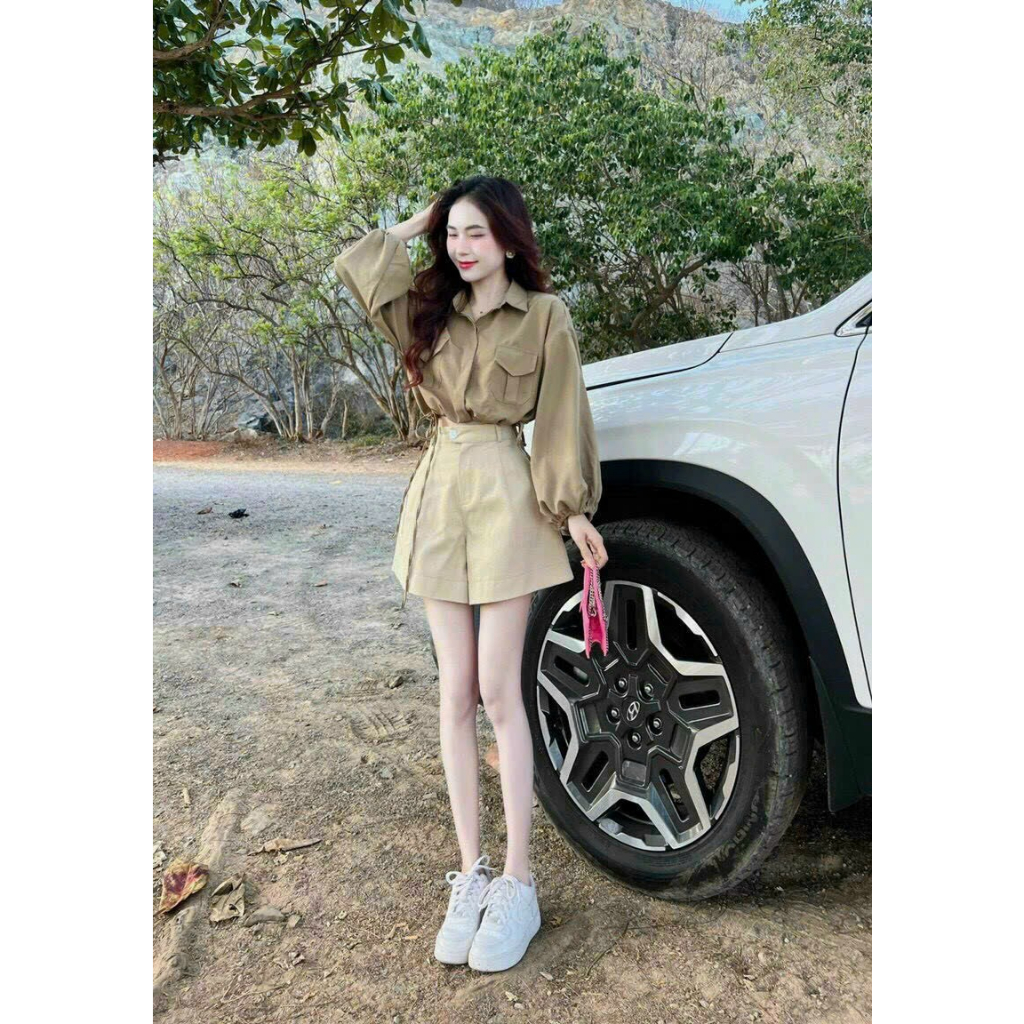 Set thời trang đi chơi,Set áo dây rút gài nút mix quần đùi nâu tây thanh lịch