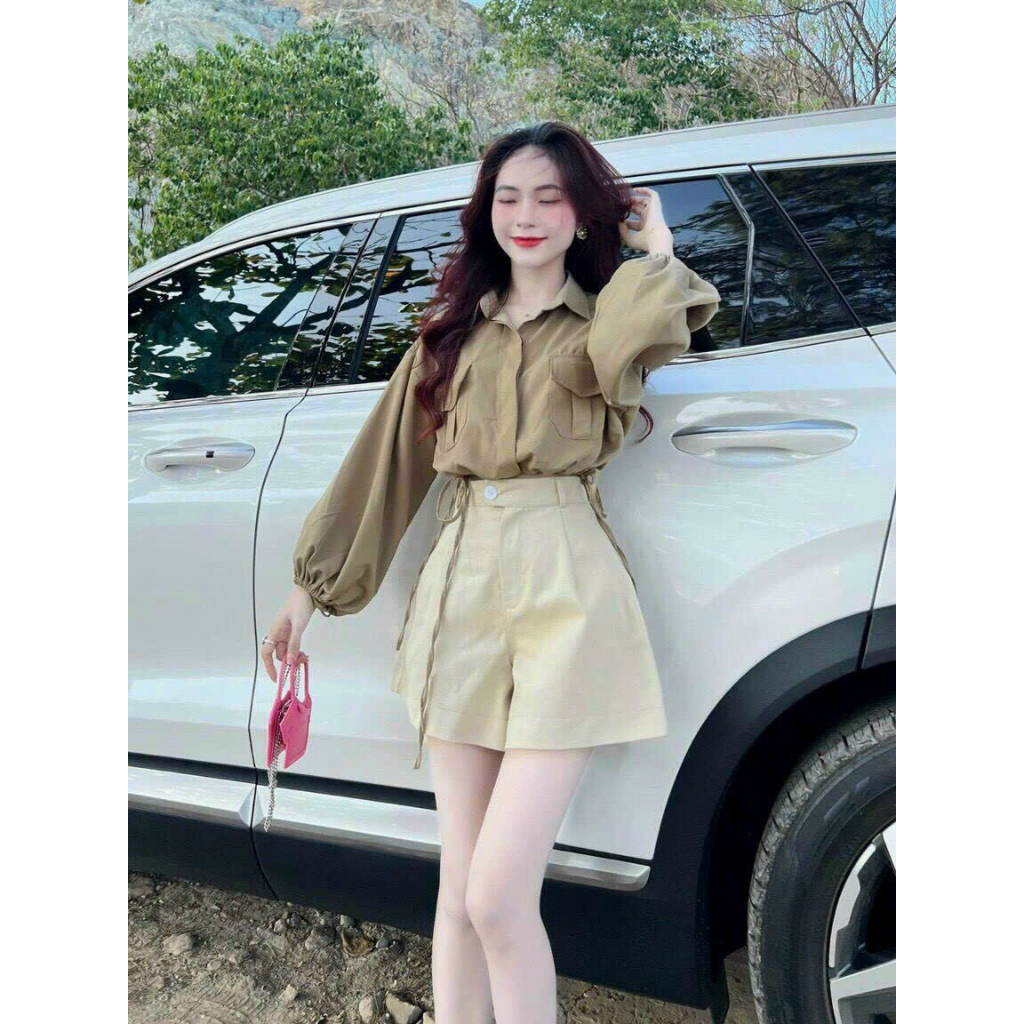 Set thời trang đi chơi,Set áo dây rút gài nút mix quần đùi nâu tây thanh lịch